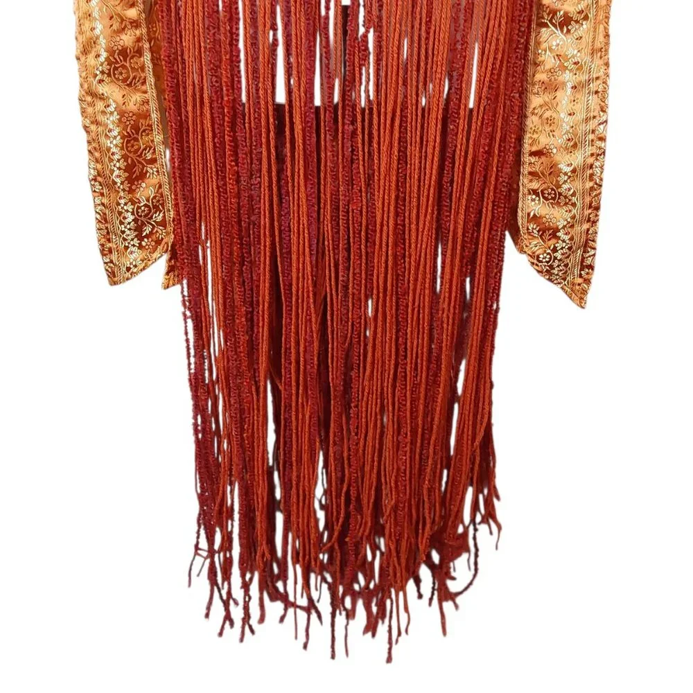 NWOT Handcrafted Tribal Bellydance Two-Panel Skirt Orange Gold Brocade Fringe OS